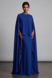 Donkerblauwe schede Chiffon High neck cape Maxi Mother of the Bride jurk met kralen