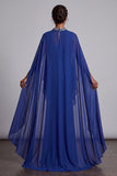 Donkerblauwe schede Chiffon High neck cape Maxi Mother of the Bride jurk met kralen