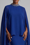 Donkerblauwe schede Chiffon High neck cape Maxi Mother of the Bride jurk met kralen