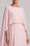 Blush A-lijn chiffon bateau hals cape lange moeder van de bruid jurk met kralen