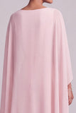 Blush A-lijn chiffon bateau hals cape lange moeder van de bruid jurk met kralen
