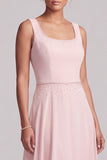 Blush A-lijn chiffon bateau hals cape lange moeder van de bruid jurk met kralen