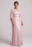 Blush schede ronde hals cape mouwen Chiffon lange moeder van de bruid jurk met kralen