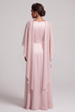 Blush schede ronde hals cape mouwen Chiffon lange moeder van de bruid jurk met kralen