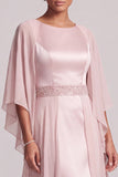 Blush schede ronde hals cape mouwen Chiffon lange moeder van de bruid jurk met kralen