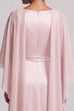 Blush schede ronde hals cape mouwen Chiffon lange moeder van de bruid jurk met kralen