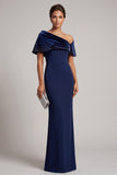 Donkerblauwe zeemeermin, asymmetrisch off-the-shoulder fluwelen lange formele jurk met strassstenen