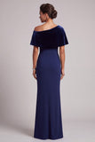 Donkerblauwe zeemeermin, asymmetrisch off-the-shoulder fluwelen lange formele jurk met strassstenen