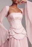 Blush korset Chiffon Jacquard gelaagde Peplum A-lijn lange galajurk met uitlopende mouwen