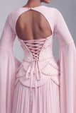 Blush korset Chiffon Jacquard gelaagde Peplum A-lijn lange galajurk met uitlopende mouwen
