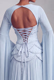 Blush korset Chiffon Jacquard gelaagde Peplum A-lijn lange galajurk met uitlopende mouwen