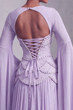 Blush korset Chiffon Jacquard gelaagde Peplum A-lijn lange galajurk met uitlopende mouwen