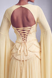 Blush korset Chiffon Jacquard gelaagde Peplum A-lijn lange galajurk met uitlopende mouwen