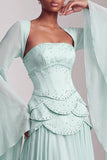 Blush korset Chiffon Jacquard gelaagde Peplum A-lijn lange galajurk met uitlopende mouwen