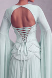 Blush korset Chiffon Jacquard gelaagde Peplum A-lijn lange galajurk met uitlopende mouwen