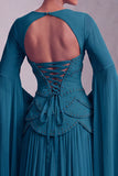 Blush korset Chiffon Jacquard gelaagde Peplum A-lijn lange galajurk met uitlopende mouwen