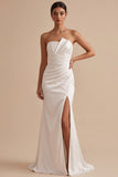 Witte Zeemeermin Satijn strapless gerimpelde Maxi trouwjurk met split
