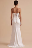 Witte Zeemeermin Satijn strapless gerimpelde Maxi trouwjurk met split