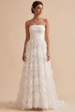 Witte A-lijn strapless gevederde lange trouwjurk