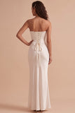 Witte satijnen korset Zeemeermin strapless satijn lange trouwjurk met kant