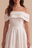 Witte A-lijn kanten midi trouwjurk met kant off the shoulder