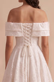 Witte A-lijn kanten midi trouwjurk met kant off the shoulder