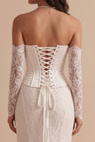 Witte korset Zeemeermin Satijn Hoge Lage Strapless Lange Trouwjurk met Kant