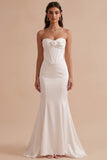 Witte korset Zeemeermin Satijn strapless lange trouwjurk met 3D-bloem