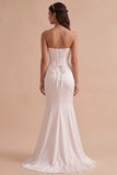 Witte korset Zeemeermin Satijn strapless lange trouwjurk met 3D-bloem