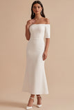 Witte zeemeermin off-shoulder halve mouwen satijnen midi trouwjurk