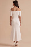 Witte zeemeermin off-shoulder halve mouwen satijnen midi trouwjurk