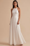 Witte A-lijn halter chiffon kant uitgesneden lange trouwjurk