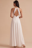 Witte A-lijn halter chiffon kant uitgesneden lange trouwjurk