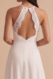 Witte A-lijn halter chiffon kant uitgesneden lange trouwjurk