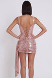 Roze korset metallic bodycon ronde hals met gerimpelde korte cocktailjurk met drapering
