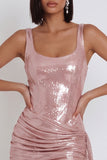 Roze korset metallic bodycon ronde hals met gerimpelde korte cocktailjurk met drapering