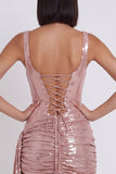 Roze korset metallic bodycon ronde hals met gerimpelde korte cocktailjurk met drapering