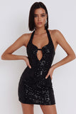 Black Sequins Bodycon Halter Korte Cocktailjurk met Keyhole