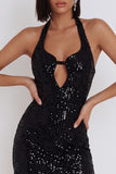 Black Sequins Bodycon Halter Korte Cocktailjurk met Keyhole