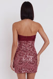 Bordeauxrode pailletten bodycon strapless korte cocktailjurk met uitsnede