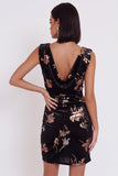 Zwarte fluwelen Bodycon met cowl neck, gerimpelde korte cocktailjurk