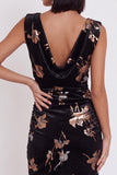 Zwarte fluwelen Bodycon met cowl neck, gerimpelde korte cocktailjurk