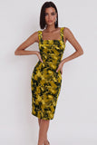 Geelgroene bedrukte bodycon vierkante hals midi cocktailjurk