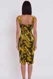 Geelgroene bedrukte bodycon vierkante hals midi cocktailjurk