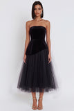 Zwarte A-lijn strapless fluwelen tule midi cocktailjurk