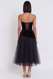 Zwarte A-lijn strapless fluwelen tule midi cocktailjurk
