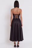 Zwarte strapless A-lijn gerimpelde midi cocktailjurk met split