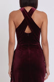 Bordeauxrode fluweelachtige hoge halter zeemeermin gerimpelde midi cocktailjurk met gerimpelde split
