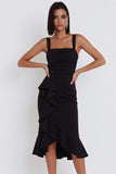 Zwarte Zeemeermin Vierkante Hals, Gerimpelde High Low Midi Cocktailjurk met asymmetrische ruches