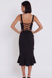 Zwarte Zeemeermin Vierkante Hals, Gerimpelde High Low Midi Cocktailjurk met asymmetrische ruches